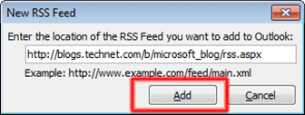 Address of RSS feed in box, Add